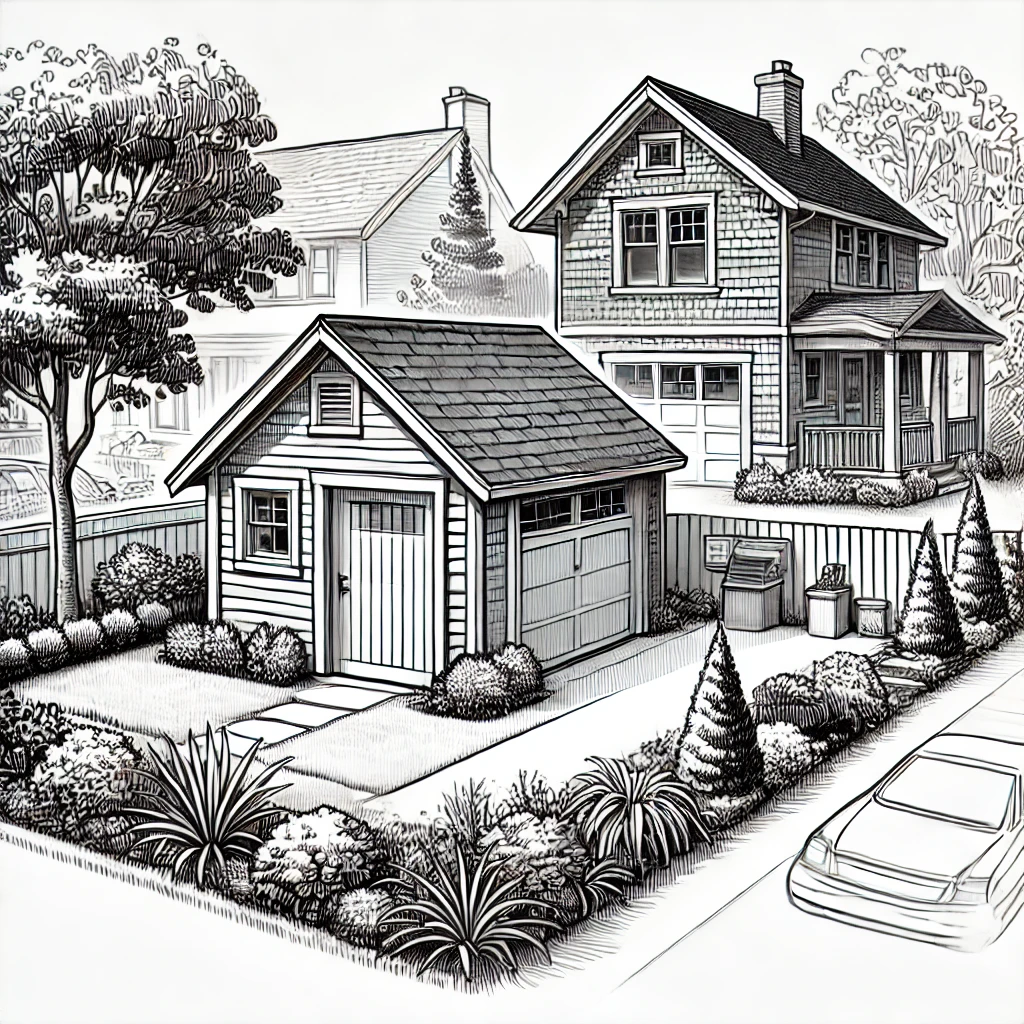 An illustration of an ADU in a garden next to a house