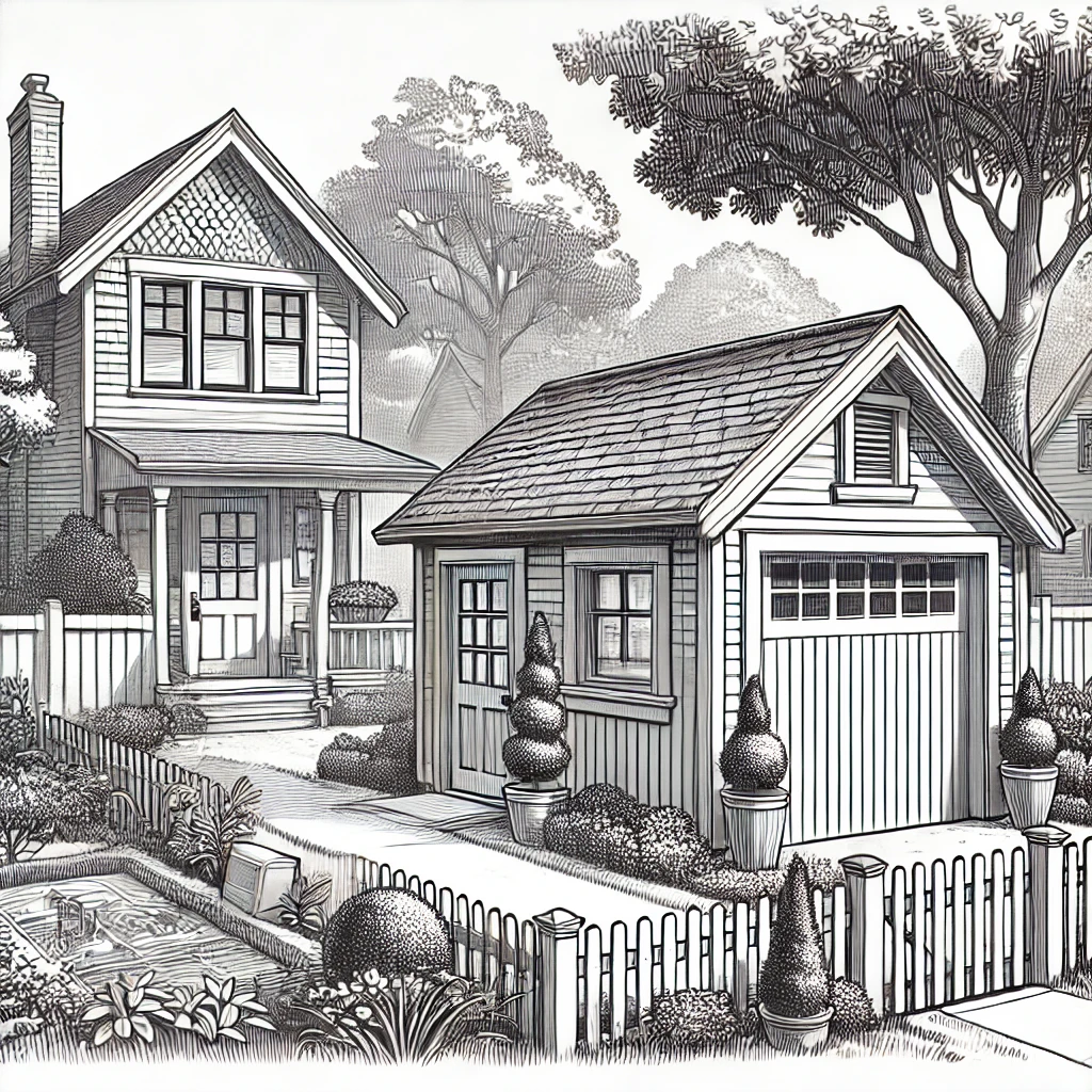 An illustration of a DADU (converted garage) next to a house