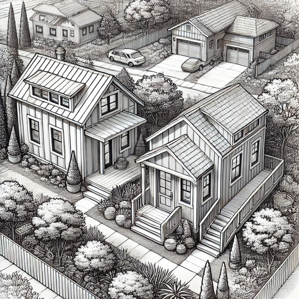 An illustration of a tiny house next to an ADU