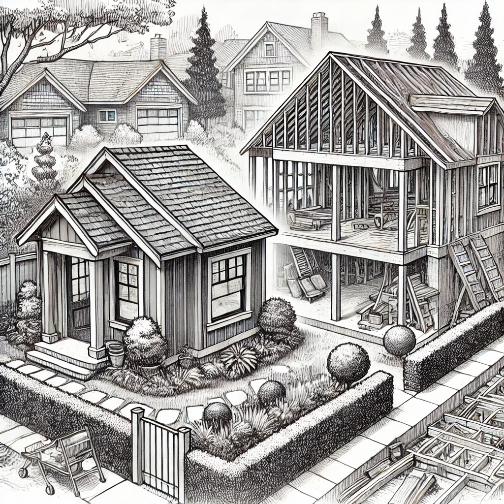 An illustration of an ADU in a garden next to a house with an addition being built