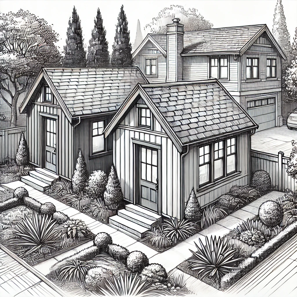 An illustration showing two ADUs in the garden of a larger house