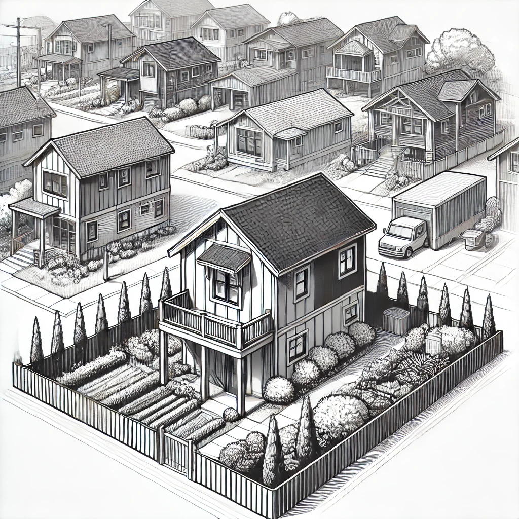 An illustration of an ADU in a HOA surrounded by other houses