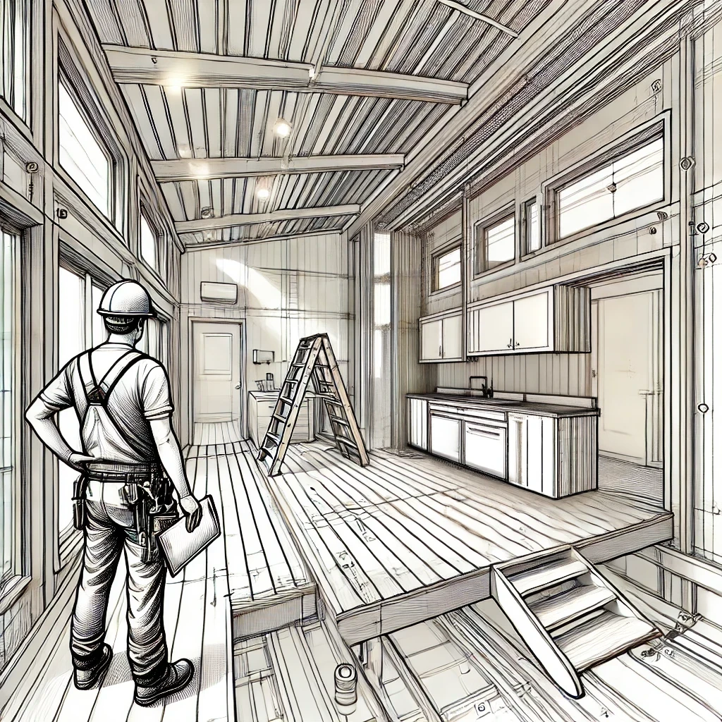 An illustration of a construction worker inside an ADU inspecting it