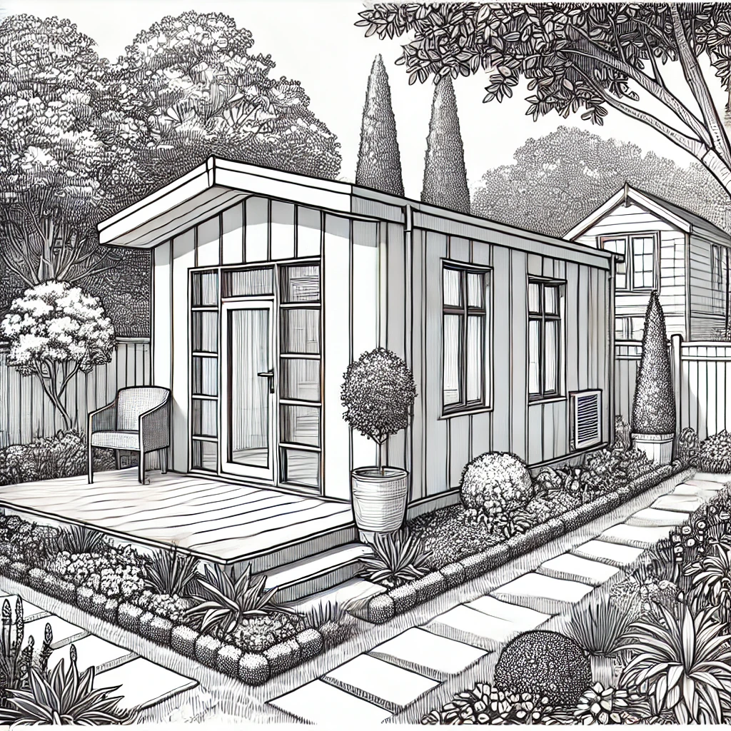 An illustration of a prefab granny flat in a garden