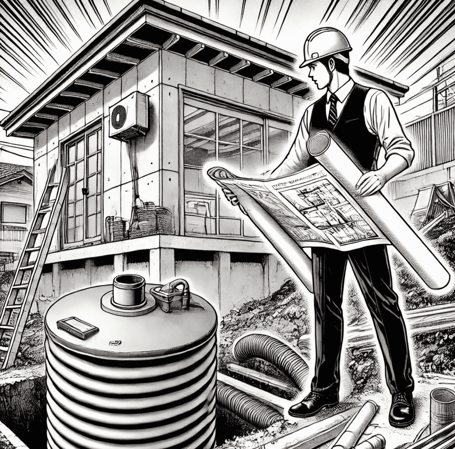 man looking at adu septic system, black and white illustration