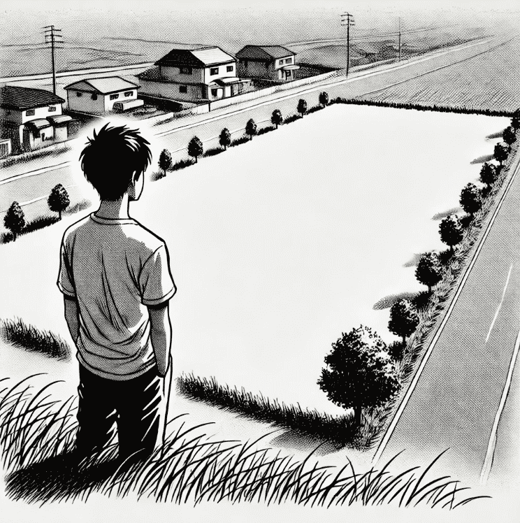 black and white illustration of man looking at a parcel of land