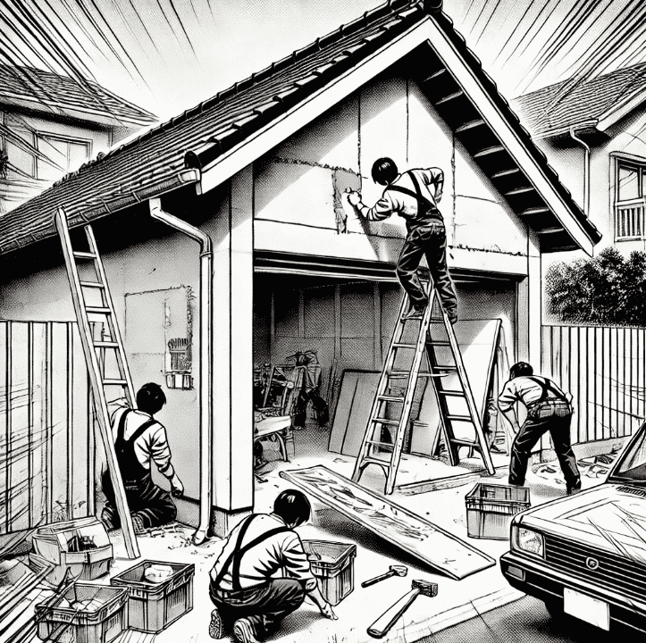 illustration of adu garage conversion men converting garage into adu