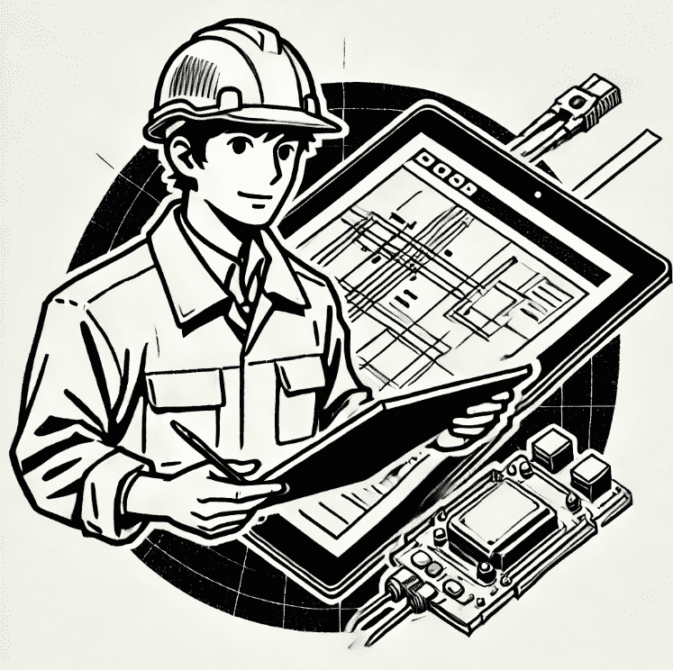 black and white illustration of a general contractor with technology