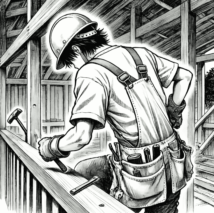 black and white illustration of a man building a shed