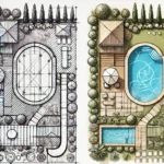 A pool site plan next to an actual pool from a bird's eye view