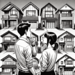 Black and white illustration of a couple standing together, looking at different house options, with expressions of thoughtful decision-making and excitement.