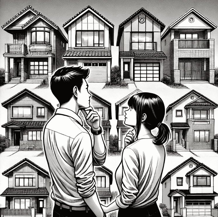 Black and white illustration of a couple standing together, looking at different house options, with expressions of thoughtful decision-making and excitement.